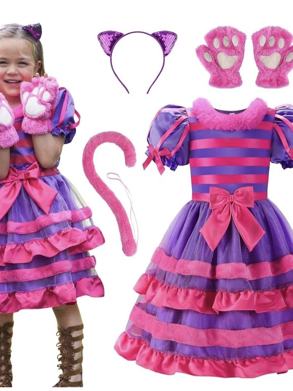 Girls' Purple and Pink Cat Dress Costume with Accessories